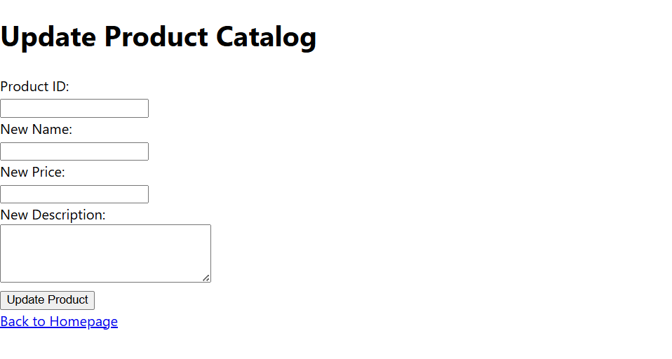 Product Catalog Update Page Screenshot